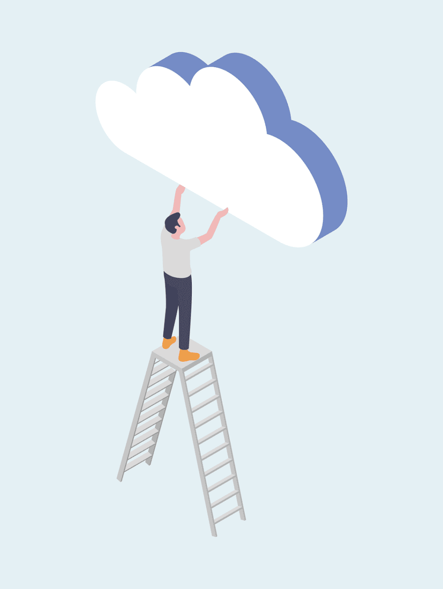 Das Bild zeigt im Comicstil eine Person, die auf einer Leiter steht. Sie hält dabei Wolke hoch. Der Hintergrund ist in einem hellen Blauton gestaltet. Das Bild steht symbolisch für den Mehrwert, den ein Produkt für einen Kunden darstellen kann und die Wichtigkeit der Betonung dessen in Produktbeschreibungen. 