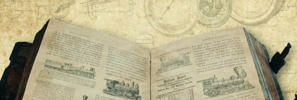 Das Foto zeigt ein altes Buch, das aufgeklappt dar liegt. Auf den Bücherseiten erkennt man Anleitungen von alten Dampfmaschinen.