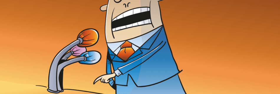 Auf dem Bild sieht man im Comicstil eine Illustration eines Mannes im blauen Anzug, der vor einem Rednerpult gerade eine Rede hält.