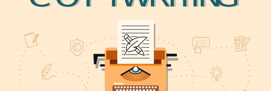 Das Bild zeigt eine Illustration einer orangefarbenen Schreibmaschine. Darüber steht in Petrol „Copywriting“