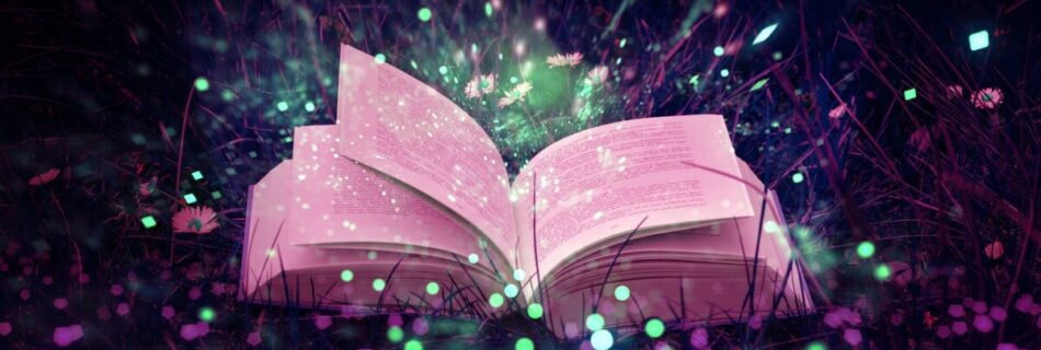 Blogbeiträge: Die Magie mit deinen Worten entfesseln. Das Foto zeigt vor einem schwarzen Hintergrund ein aufgeschlagenes Buch. Das Buch ist in neonfarben gestaltet. Um das Buch herum findet man zahlreiche Neon Farbkleckser.