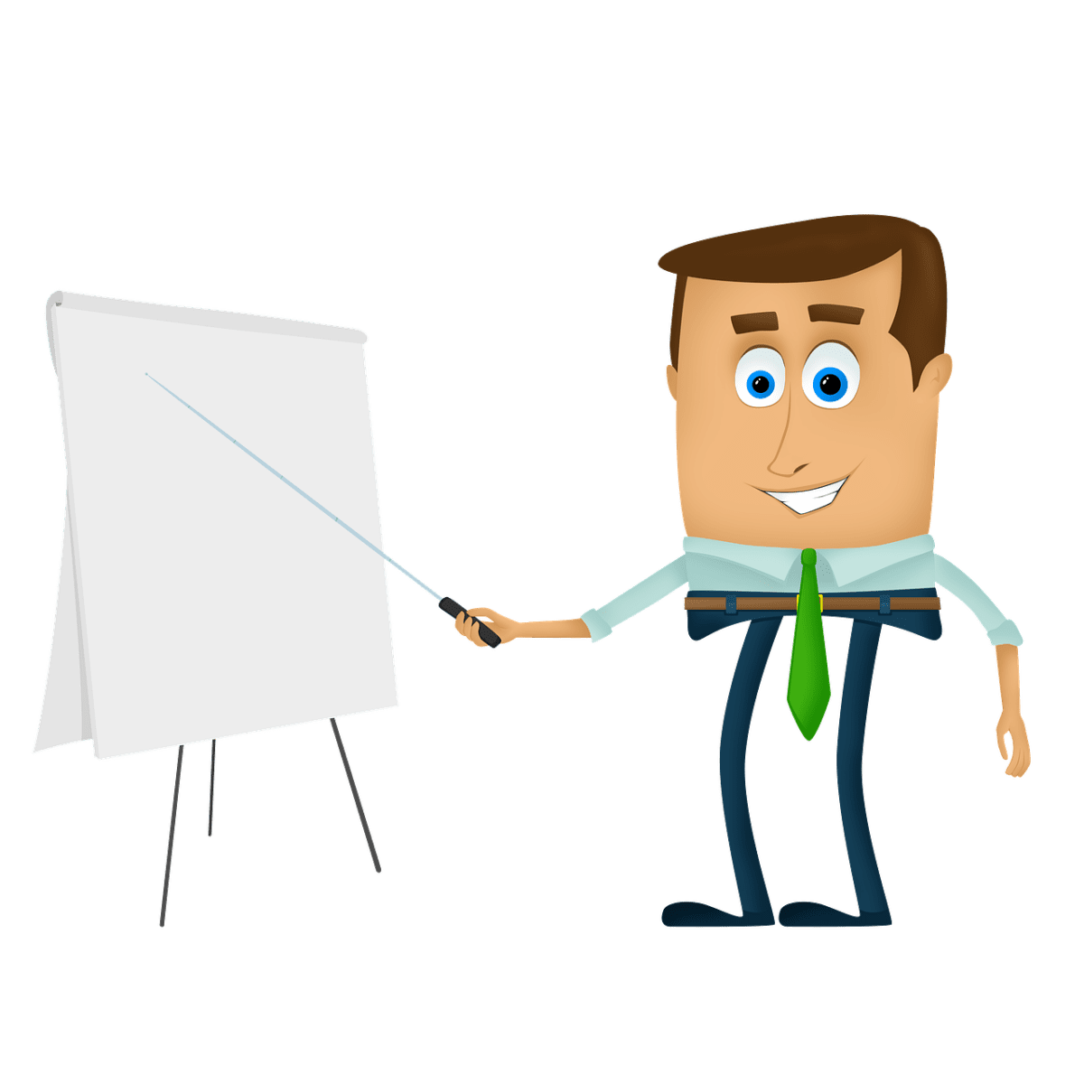 Das Bild zeigt eine Illustration, auf der der ein man mit einer grünen Krawatte auf einem Flashboard mit einem Stab zeigt. Es scheint, als würde er einen Vortrag halten.