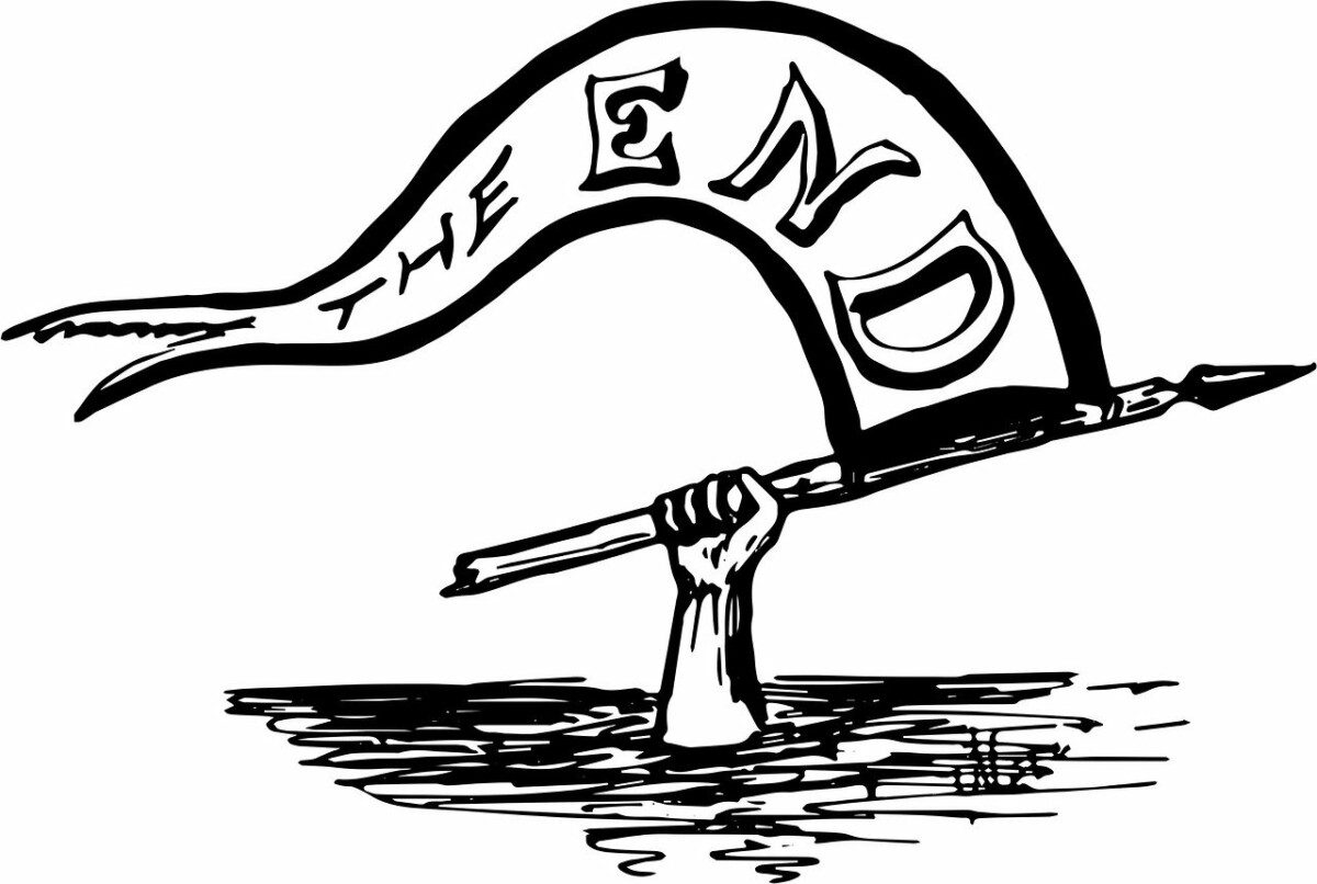 Das Foto zeigt eine schwarz-weiße Zeichnung, auf der eine Hand eine Fahne mit der Aufschrift „The End“. Das Foto steht symbolisch für den Textabschluss in Blogbeiträge.