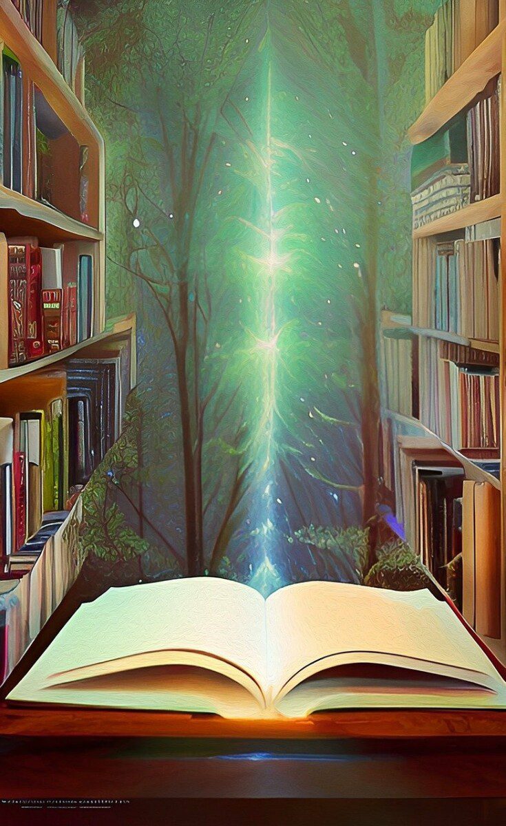 Die Magie mit Worten in Bobbeiträgen entfesseln: Das Foto zeigt in einem fantastischen Stil eine Bibliothek. Rechts und links sind Bücherregale mit verschiedenen Büchern zu sehen. In der Mitte des Bildes liegt ein aufgeschlagenes Buch, aus dem ein magischer grüner Strahl nach oben entweicht. Der Hintergrund des Bildes zeigt, Bäume im Winter und ist in türkisem blau gehalten.