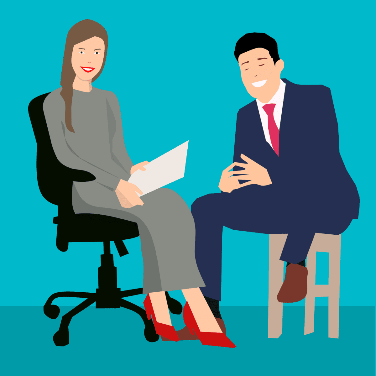DIe Illustration zeigt einen Mann und eine Frau, die vor einem türkisen Hintergrund sitzen und eine Interview führen. Die Dame hält dabei einen weisen Zettel in der Hand