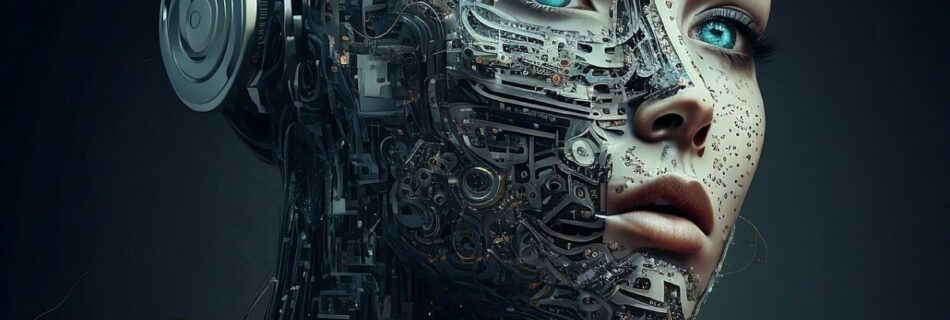 Legt die EU der KI nun mit dem EU AI Act die Zügel an? Die Illustration zeigt einen Cyborg. Der Cyborg sieht dabei bedrohlich aus und ist der Frontalansicht vor einem Hintergrund zu sehen. Man sieht nur den Kopf des Roboters.