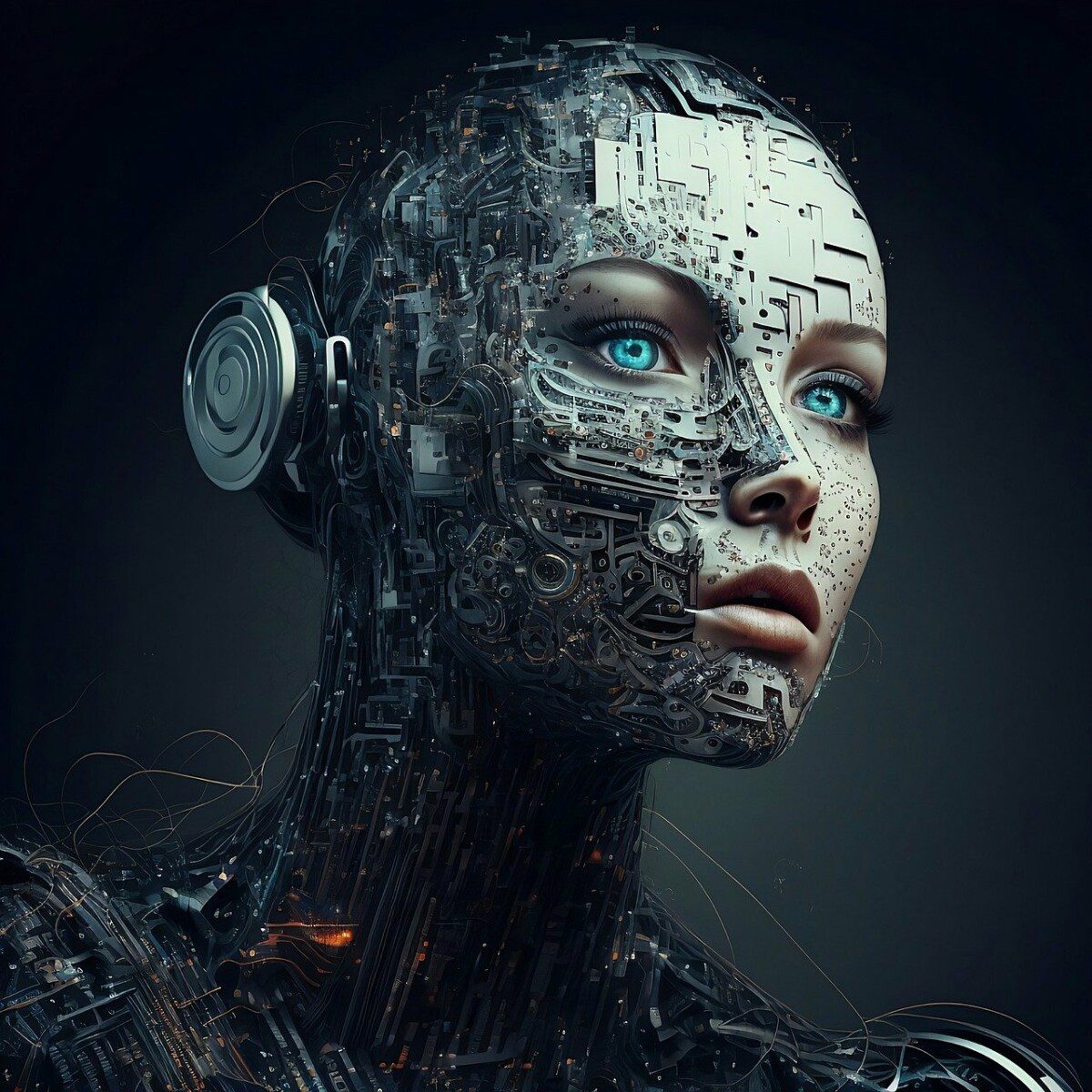 Legt die EU der KI nun mit dem EU AI Act die Zügel an? Die Illustration zeigt einen Cyborg. Der Cyborg sieht dabei bedrohlich aus und ist der Frontalansicht vor einem Hintergrund zu sehen. Man sieht nur den Kopf des Roboters.